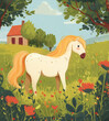 A cute white horse with golden mane grazing near a farm in a beautiful green meadow. Children's illustration for books, education, posters, pictures and etc.