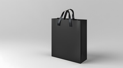 a blank black paper shopping bag with silk handle isolated on light grey backgrounds. paper gift bag, mockup, copy space.