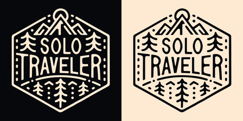 Sticker - Solo traveler lettering traveling badge logo. Mountains lover retro vintage boho aesthetic. Trees outline minimalist illustration. Wanderer backpacker nomad quotes vector for t-shirt design print.