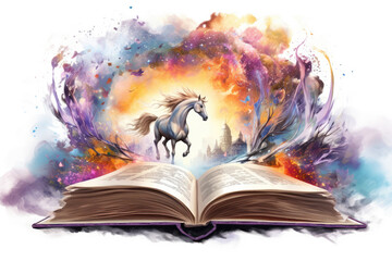 open book fairy tale magical unicorn watercolor design