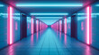 © MdIqbal - Modern corridor with blue lighting and architectural elements, creating an abstract and futuristic interior design with a focus on spaciousness and illumination