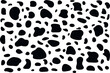 Dalmatian black and white pattern. Seamless cow print. Animal skin texture. Abstract black drops and blob shape set. Collection of paint liquid blotch spot irregular form
