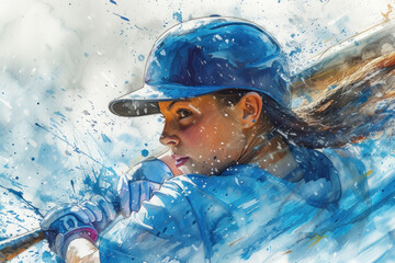 Wall Mural - Baseball player in action, woman blue watercolor with copy space