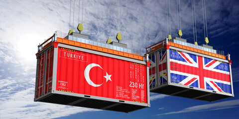 Wall Mural - Shipping containers with flags of Turkiye and United Kingdom - 3D illustration