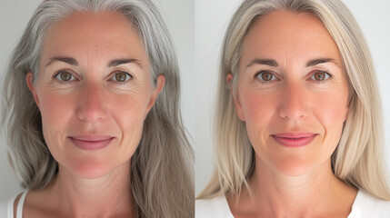 Before After photo of anti aging skin treatment of woman  in her 40s with grey hair, before she has wrinkles and fine lines, afterwards smooth glowing skin and younger, microneedling ipl at clinic