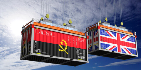 Shipping containers with flags of Angola and United Kingdom - 3D illustration