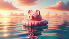 A Conceptual Image Of A Pink Piggy Bank Floating On A Lifebuoy In The Ocean, Symbolizing Financial Security Or Crisis.