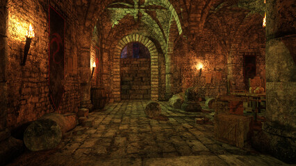 Aufkleber - Dark gloomy dungeon in an old medieval castle lit by flaming torches. 3D illustration.