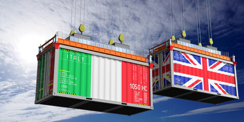 Shipping containers with flags of Italy and United Kingdom - 3D illustration