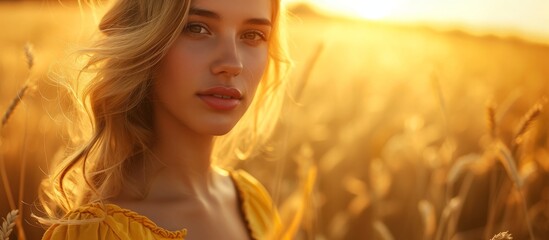 Wall Mural - Blonde girl in a yellow dress enjoying summer in a golden hour barley field with a vintage look.