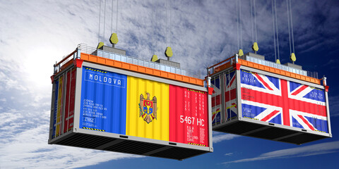 Shipping containers with flags of Moldova and United Kingdom - 3D illustration