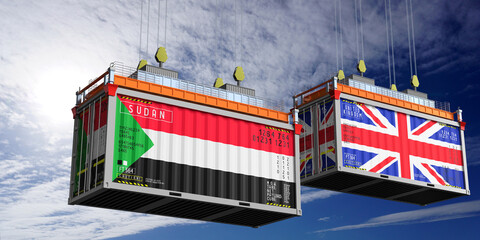 Shipping containers with flags of Sudan and United Kingdom - 3D illustration