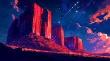 Towering Red Rock Formations Standing Against A Brilliant Night Sky. Fantasy Landscape Anime Or Cartoon Style, Seamless Looping 4k Time-lapse Virtual Video Animation Background