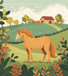A cute brown horse with brown mane grazing near a farm in a beautiful green meadow. Children's illustration for books, education, posters, pictures and etc.