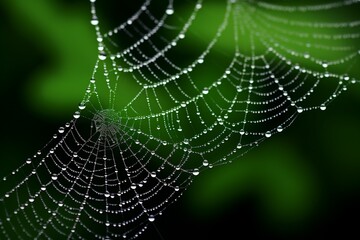 : a macro shot capturing the intricate details of a spider's delicate web adorned with morning dew.