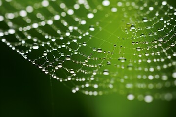 : a macro shot capturing the intricate details of a spider's delicate web adorned with morning dew.