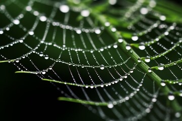 Wall Mural - : A macro shot capturing the intricate details of a spider's delicate web adorned with morning dew.