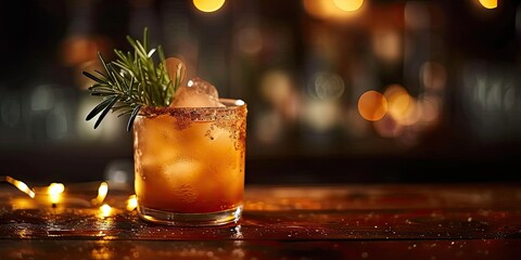 Elegant cocktail with rum and sprig of rosemary served in glass on rustic wooden table in cozy cafe with softly blurred background drink blend of refreshing citrus and aromatic herbs