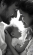 Happy young family with little daughter, beautiful mother hold cute newborn baby in arms, caring father hold hands of adorable baby girl, mom and dad smiling, parenting concept
