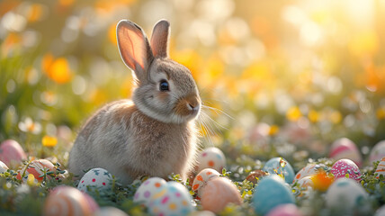 Wall Mural - Adorable Bunny With Easter Eggs In Flowery Meadow. Soft yellow sunlight. 
