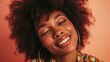 © Z A C - Trendy horizontal portrait featuring a happy Afro woman in glittering, colorful attire.
