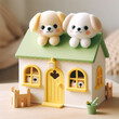 Cute toy little white house with puppy toys