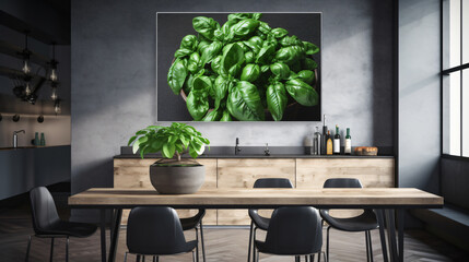 Poster - sunlit basil leaves showcasing their texture and vibrant green color