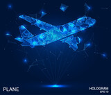 Fototapeta Sport - A hologram of an airplane. Aviation consists of polygons, triangles of points and lines. The plane is a low-poly compound structure. Technology concept vector.