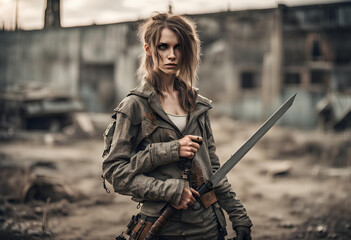 Post-apocalyptic woman with weapon outdoors.