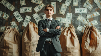 Photo of a young businessman against the background of bags of money