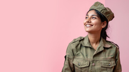 Indian woman in Paramilitary Forces uniform isolated on pastel background