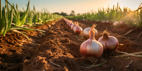 Wall Mural - Onions on ground in the farm.