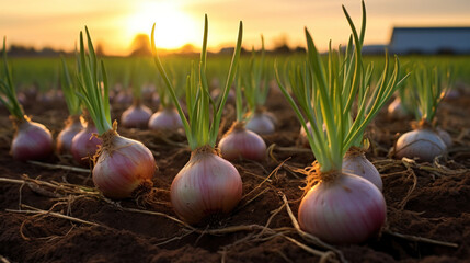 Wall Mural - Onions on ground in the farm.