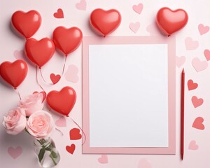 Wall Mural - White blank card with space for your own content. Around small red balloons in the shape of hearts, pink red hearts and roses. Valentine's Day as a day symbol of affection and love.