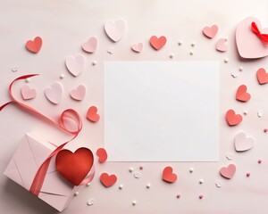 Wall Mural - White blank card with space for your own content. All around red and pink hearts. Valentine's Day as a day symbol of affection and love.