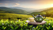 Cup and teapot on tea plantations background.