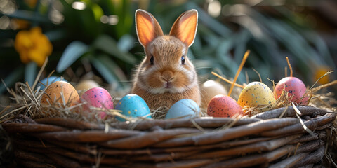 Poster - Close-up of Little Bunny In Basket With Decorated Easter Eggs.