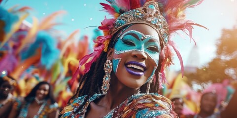 Aufkleber - A woman in a colorful costume smiles at the camera. Perfect for adding vibrancy and joy to any project