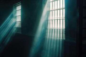 Poster - Sunlight streaming through the windows of a jail cell. This image can be used to depict hope, freedom, or confinement