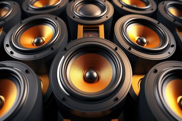 Poster - A pile of speakers stacked on top of each other. Ideal for music events, audio equipment promotions, or sound system advertisements