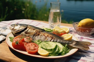 Poster - A plate of fish and vegetables displayed on a table. Perfect for food blogs, restaurant menus, and healthy eating articles