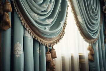 Poster - A picture of a blue curtain with tassels hanging from it. Suitable for interior design and home decor projects
