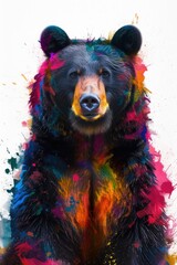 Poster - A painting of a bear covered in colorful paint splatters. Perfect for adding a touch of creativity and uniqueness to any space