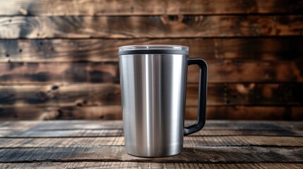 Poster - A stainless steel mug sitting on a wooden table. Perfect for coffee or tea lovers.
