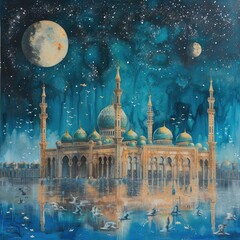 Aufkleber - A painting depicting a mosque illuminated in the darkness of the night. This artwork captures the serene beauty of the mosque at night and can be used to add an elegant touch to any space