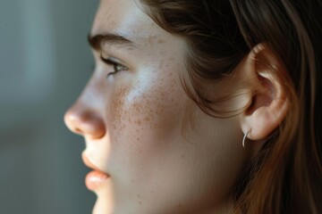 Poster - A close-up shot of a woman with freckles on her face. Suitable for beauty, skincare, and natural beauty concepts