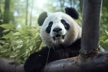 Poster - A panda bear calmly perched on a tree branch. Perfect for nature and wildlife enthusiasts
