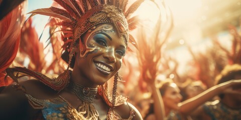 Poster - A woman dressed in a carnival costume smiles at the camera. Perfect for capturing the joy and excitement of festive events