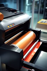 Poster - Close-up view of a machine with a roll of vibrant orange paper. Versatile and ideal for various creative projects