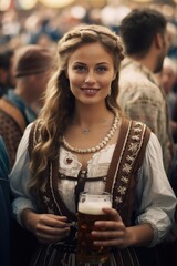 Poster - A woman holding a glass of beer in the midst of a lively crowd. Perfect for depicting social gatherings and celebrations